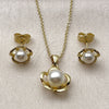 Oro Laminado Earring and Pendant Adult Set, Gold Filled Style Flower and Ball Design, with Ivory Pearl, Polished, Golden Finish, 10.156.0562