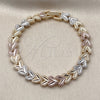 Oro Laminado Solid Bracelet, Gold Filled Style Heart Design, Diamond Cutting Finish, Tricolor, 03.413.0004.1.07