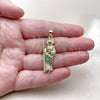 Oro Laminado Religious Pendant, Gold Filled Style San Judas Design, with Green and White Cubic Zirconia, Polished, Golden Finish, 05.284.0027