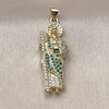 Oro Laminado Religious Pendant, Gold Filled Style San Judas Design, with Green and White Cubic Zirconia, Polished, Golden Finish, 05.284.0027