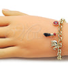 Oro Laminado Charm Bracelet, Gold Filled Style Elephant and Figa Hand Design, Polished, Golden Finish, 03.213.0414.07