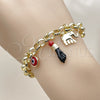 Oro Laminado Charm Bracelet, Gold Filled Style Elephant and Figa Hand Design, Polished, Golden Finish, 03.213.0414.07 (07 MM Thickness, 7 Inches Length)