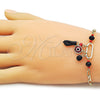 Oro Laminado Charm Bracelet, Gold Filled Style Figa Hand and Evil Eye Design, with Black and Garnet Crystal, Polished, Golden Finish, 03.213.0420.07 (Thickness, 7 Inches Length)
