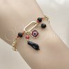 Oro Laminado Charm Bracelet, Gold Filled Style Figa Hand and Evil Eye Design, with Black and Garnet Crystal, Polished, Golden Finish, 03.213.0420.07 (Thickness, 7 Inches Length)