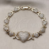 Oro Laminado Fancy Bracelet, Gold Filled Style Hugs and Kisses and Heart Design, with White Cubic Zirconia, Polished, Golden Finish, 03.283.0546.07 (Thickness, 8 Inches Length)