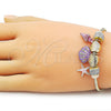 Oro Laminado Charm Bracelet, Gold Filled Style Shell and Star Design, with White Crystal, Pink Enamel Finish, Golden Finish, 03.442.0002.07 (Thickness, 7 Inches Length)