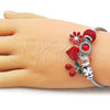 Stainless Steel Individual Bangle, Heart and Flower Design, with Garnet and Pink Crystal, Red Enamel Finish, Steel Finish, 07.442.0010