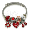 Stainless Steel Individual Bangle, Heart and Flower Design, with Garnet and Pink Crystal, Red Enamel Finish, Steel Finish, 07.442.0010