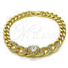 Oro Laminado Fancy Bracelet, Gold Filled Style Heart and Cluster Design, with White Cubic Zirconia and White Micro Pave, Polished, Golden Finish, 03.283.0549.07 (Thickness, 8 Inches Length)