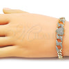 Oro Laminado Fancy Bracelet, Gold Filled Style Heart and Miami Cuban Design, with White Cubic Zirconia and White Micro Pave, Polished, Golden Finish, 03.283.0550.07 (Thickness, 8 Inches Length)