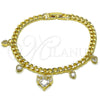 Oro Laminado Charm Bracelet, Gold Filled Style Heart and Miami Cuban Design, with White Cubic Zirconia, Polished, Golden Finish, 03.283.0553.07 (05 MM Thickness, 7 Inches Length)
