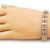 Oro Laminado Tennis Bracelet, Gold Filled Style Heart Design, with White Micro Pave, Polished, Golden Finish, 03.283.0554.07 (Thickness, 8 Inches Length)