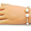 Oro Laminado Fancy Bracelet, Gold Filled Style Heart and Ball Design, with Ivory Pearl, Polished, Golden Finish, 03.213.0428.07