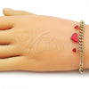 Oro Laminado Fancy Bracelet, Gold Filled Style Heart and Paperclip Design, Red Enamel Finish, Golden Finish, 03.213.0429.07 (Thickness, 7 Inches Length)