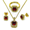 Oro Laminado Necklace, Earring and Ring, Gold Filled Style Cluster and Baguette Design, with Garnet and White Cubic Zirconia, Polished, Golden Finish, 06.424.0002.3