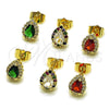 Oro Laminado Stud Earring, Gold Filled Style Teardrop and Cluster Design, with Green and White Cubic Zirconia, Polished, Golden Finish, 02.156.0740.2
