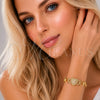 Oro Laminado Fancy Bracelet, Gold Filled Style Heart and Hugs and Kisses Design, with White Cubic Zirconia, Polished, Golden Finish, 03.266.0073.07 (Thickness, 7 Inches Length)