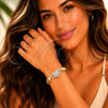 Oro Laminado Fancy Bracelet, Gold Filled Style Heart and Hugs and Kisses Design, with White Cubic Zirconia, Polished, Golden Finish, 03.266.0073.07 (Thickness, 7 Inches Length)