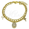 Oro Laminado Charm Bracelet, Gold Filled Style San Benito and Cross Design, with White Micro Pave, Polished, Golden Finish, 03.213.0434 (19 MM Thickness, 7 Inches Length)