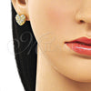 Oro Laminado Stud Earring, Gold Filled Style Heart Design, with White Micro Pave, Diamond Cutting Finish, Golden Finish, 02.213.0914