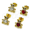 Oro Laminado Stud Earring, Gold Filled Style Teddy Bear and Heart Design, with White and Black Cubic Zirconia, Polished, Golden Finish, 02.266.0083