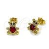 Oro Laminado Stud Earring, Gold Filled Style Teddy Bear and Heart Design, with Garnet and White Cubic Zirconia, Polished, Golden Finish, 02.266.0083.1