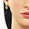 Oro Laminado Stud Earring, Gold Filled Style Heart and Baguette Design, with White Cubic Zirconia, Polished, Golden Finish, 02.283.0402