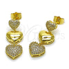 Oro Laminado Long Earring, Gold Filled Style Heart Design, with White Cubic Zirconia, Polished, Golden Finish, 02.283.0405