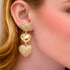 Oro Laminado Long Earring, Gold Filled Style Heart Design, with White Cubic Zirconia, Polished, Golden Finish, 02.283.0405