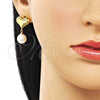 Oro Laminado Dangle Earring, Gold Filled Style Heart and Ball Design, with Ivory Pearl, Polished, Golden Finish, 02.282.0131
