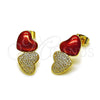 Oro Laminado Stud Earring, Gold Filled Style Heart Design, with White Micro Pave, Red Enamel Finish, Golden Finish, 02.282.0132