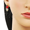 Oro Laminado Stud Earring, Gold Filled Style Heart Design, with White Micro Pave, Red Enamel Finish, Golden Finish, 02.282.0132