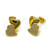 Oro Laminado Stud Earring, Gold Filled Style Heart Design, with White Micro Pave, Polished, Golden Finish, 02.282.0133