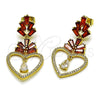 Oro Laminado Long Earring, Gold Filled Style Heart and Baguette Design, with Garnet Cubic Zirconia and White Micro Pave, Polished, Golden Finish, 02.282.0105.1
