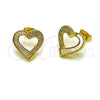 Oro Laminado Stud Earring, Gold Filled Style Heart Design, with Ivory Mother of Pearl and White Micro Pave, Polished, Golden Finish, 02.282.0136