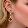 Oro Laminado Long Earring, Gold Filled Style Cluster Design, with Garnet Cubic Zirconia and White Micro Pave, Polished, Golden Finish, 02.282.0139