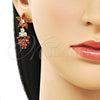 Oro Laminado Long Earring, Gold Filled Style Flower and Teardrop Design, with Garnet and White Cubic Zirconia, Polished, Golden Finish, 02.282.0140
