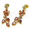 Oro Laminado Long Earring, Gold Filled Style Flower and Leaf Design, with Garnet Cubic Zirconia and White Micro Pave, Polished, Golden Finish, 02.282.0141