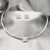 Stainless Steel Necklace and Earring, Flower Design, with White Crystal, Polished, Rhodium Finish, 06.116.0148