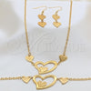 Stainless Steel Necklace, Bracelet and Earring, Heart Design, Polished, Golden Finish, 06.116.0162