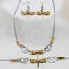 Stainless Steel Necklace, Bracelet and Earring, Dragon-Fly and Heart Design, with White Crystal, Polished, Two Tone, 06.116.0164