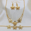 Stainless Steel Necklace, Bracelet and Earring, Flower Design, with White Crystal, Black Polished, Golden Finish, 06.116.0172