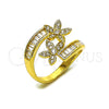 Oro Laminado Multi Stone Ring, Gold Filled Style Flower and Baguette Design, with White Cubic Zirconia, Polished, Golden Finish, 01.283.0065 (One size fits all)