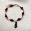 Oro Laminado Charm Bracelet, Gold Filled Style Figa Hand Design, with Black and Garnet Crystal, Polished, Golden Finish, 03.213.0435.06 (06 MM Thickness, 6 Inches Length)