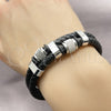 Stainless Steel Fancy Bracelet, Black Leather Finish, Steel Finish, 03.449.0001.09 (Thickness, 9 Inches Length)