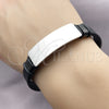 Stainless Steel ID Bracelet, Black Leather Finish, Steel Finish, 03.449.0003.09 (15 MM Thickness, 9 Inches Length)