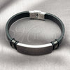Stainless Steel ID Bracelet, Black Leather Finish, Steel Finish, 03.449.0003.09 (15 MM Thickness, 9 Inches Length)