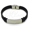 Stainless Steel ID Bracelet, Black Leather Finish, Steel Finish, 03.449.0003.09 (15 MM Thickness, 9 Inches Length)