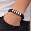 Stainless Steel Fancy Bracelet, Black Leather Finish, Steel Finish, 03.450.0003.09 (Thickness, 9 Inches Length)