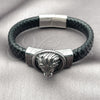 Stainless Steel Fancy Bracelet, Lion Design, Black Leather Finish, Steel Finish, 03.450.0005.09 (Thickness, 9 Inches Length)